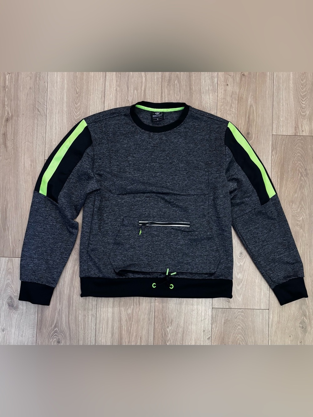 Active Heather Charcoal Crewneck Sweater with Neon Lime Stripes